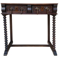 Antique Spanish Console or Desk Table with Drawers and Solomonic Legs