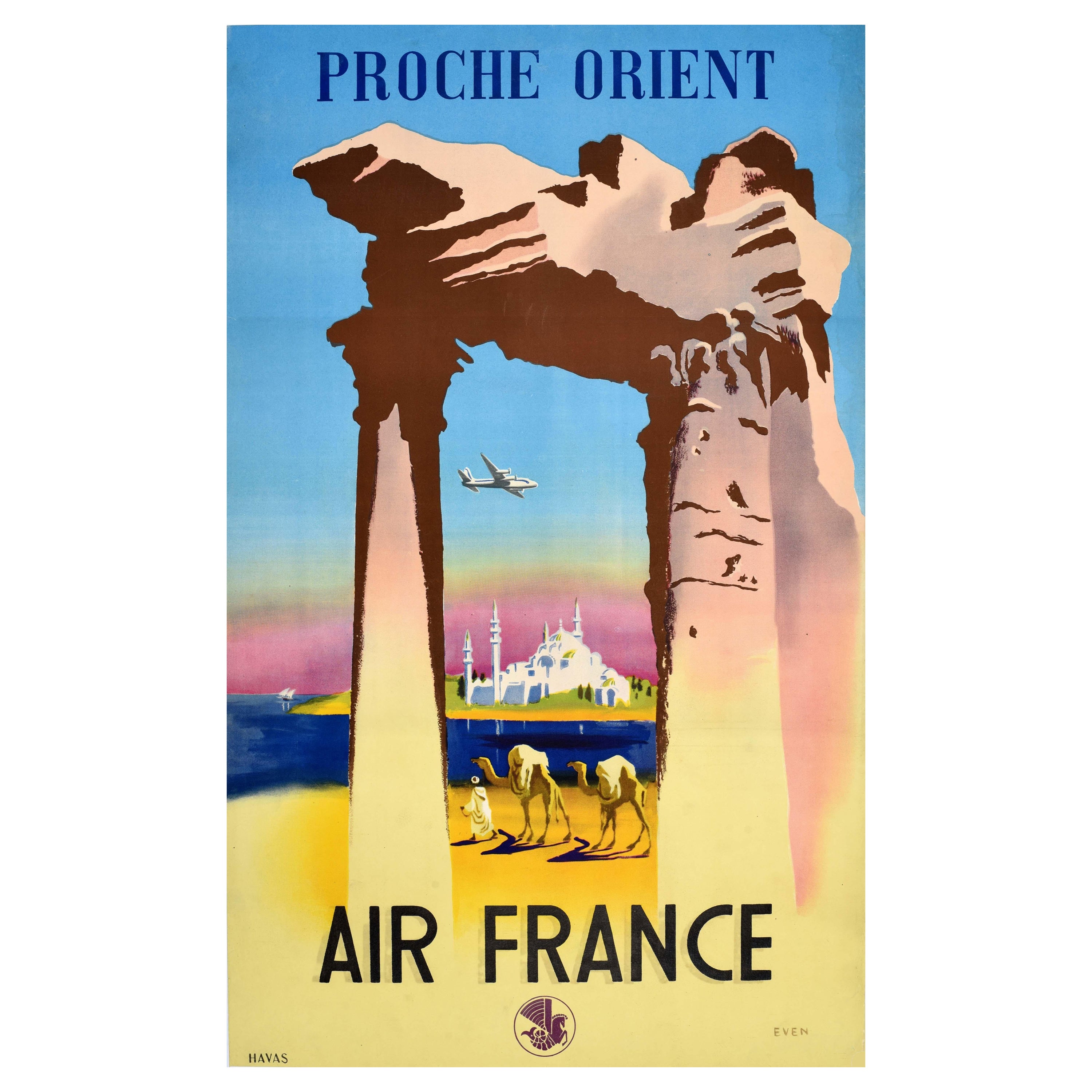 Original Vintage Travel Poster Air France Middle East Proche Orient Jean Even For Sale