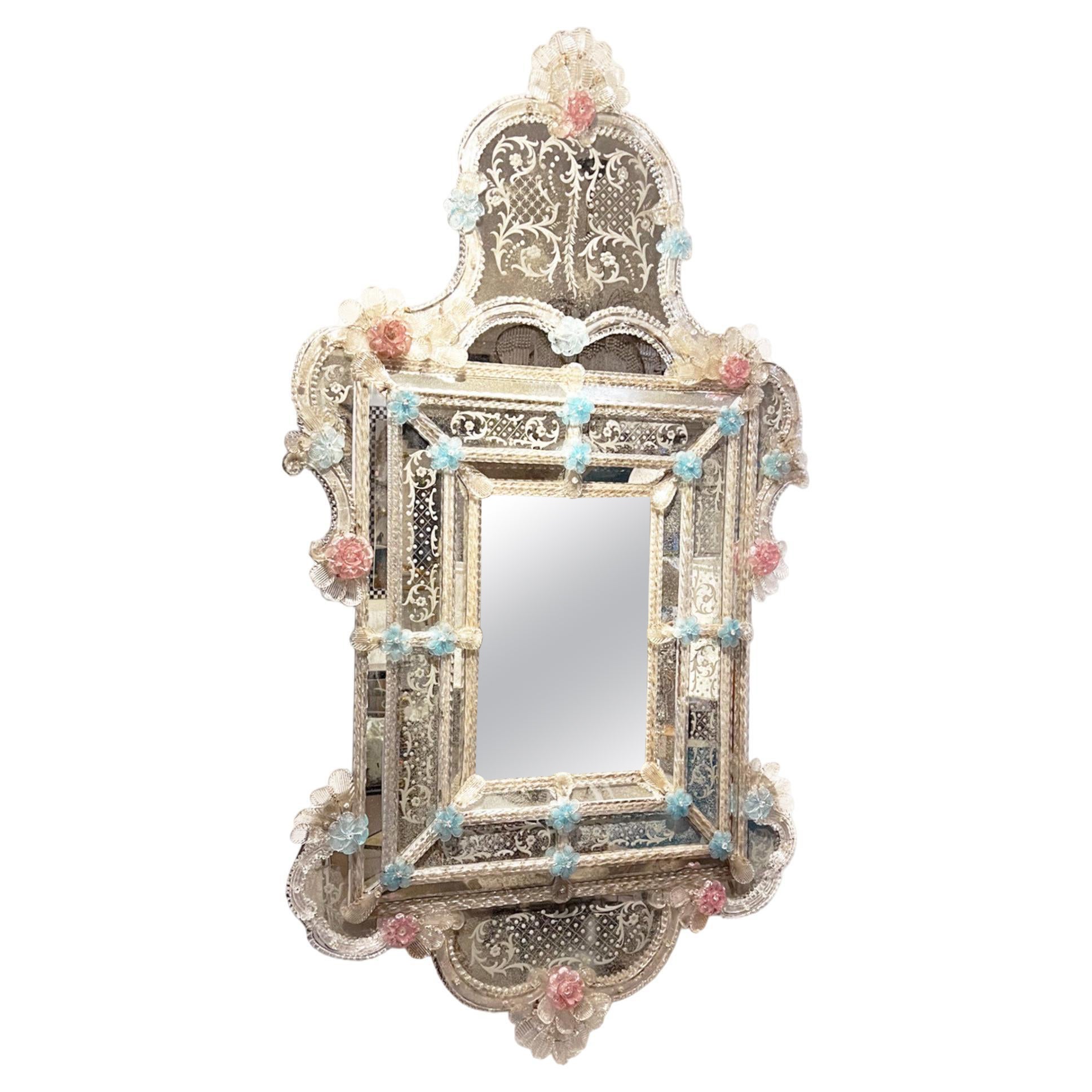 Large 1950s Murano Mirror With Blue and Pink Flowers For Sale