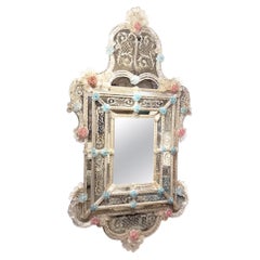 Large 1950s Murano Mirror With Blue and Pink Flowers