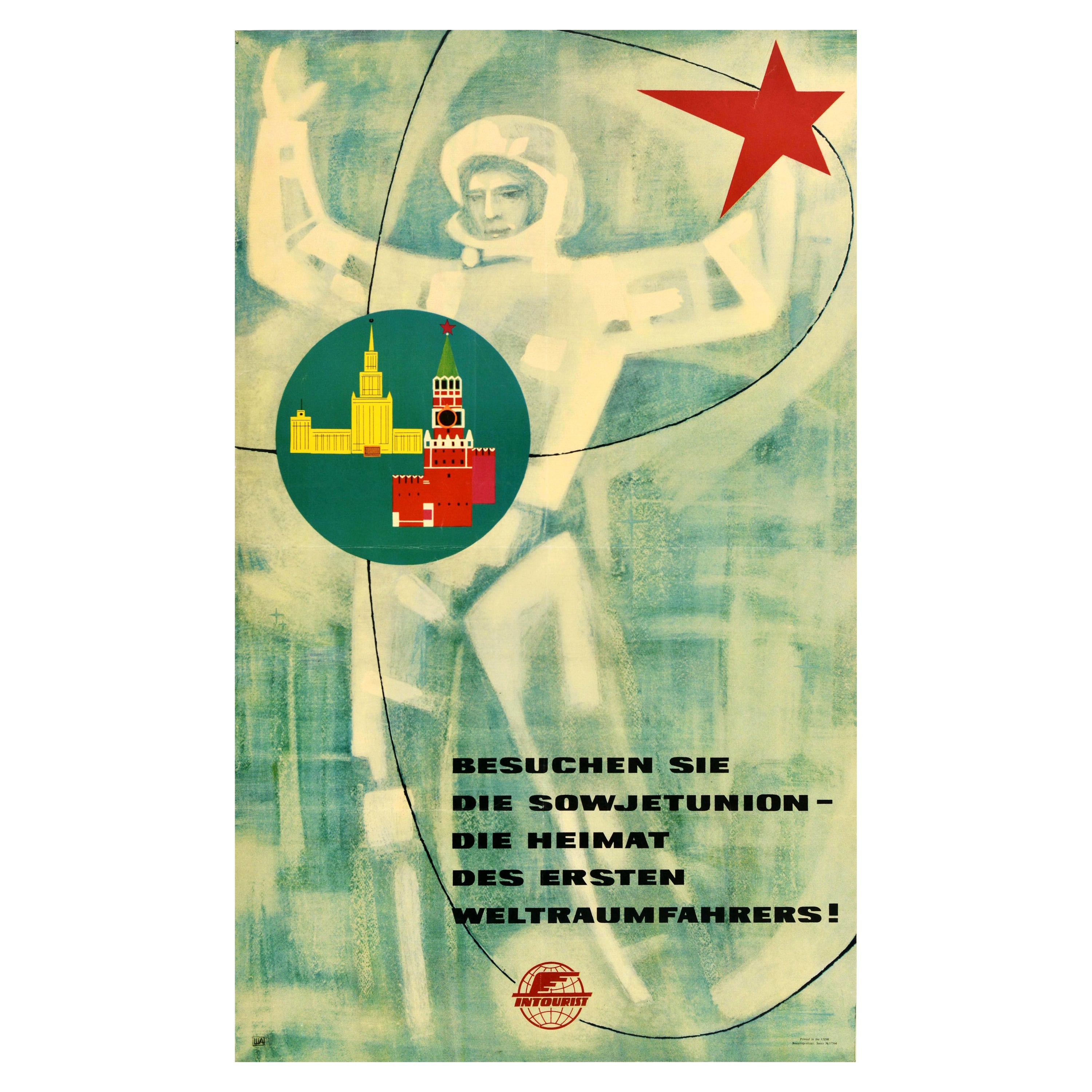 Original Vintage Travel Poster Intourist Soviet Union Spaceman USSR Kremlin For Sale