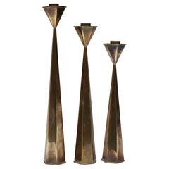 Vintage Set of Three Mexican Modernist Hexagonal-Form Brass Candlesticks