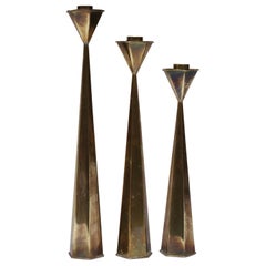 Set of Three Mexican Modernist Hexagonal-Form Brass Candlesticks