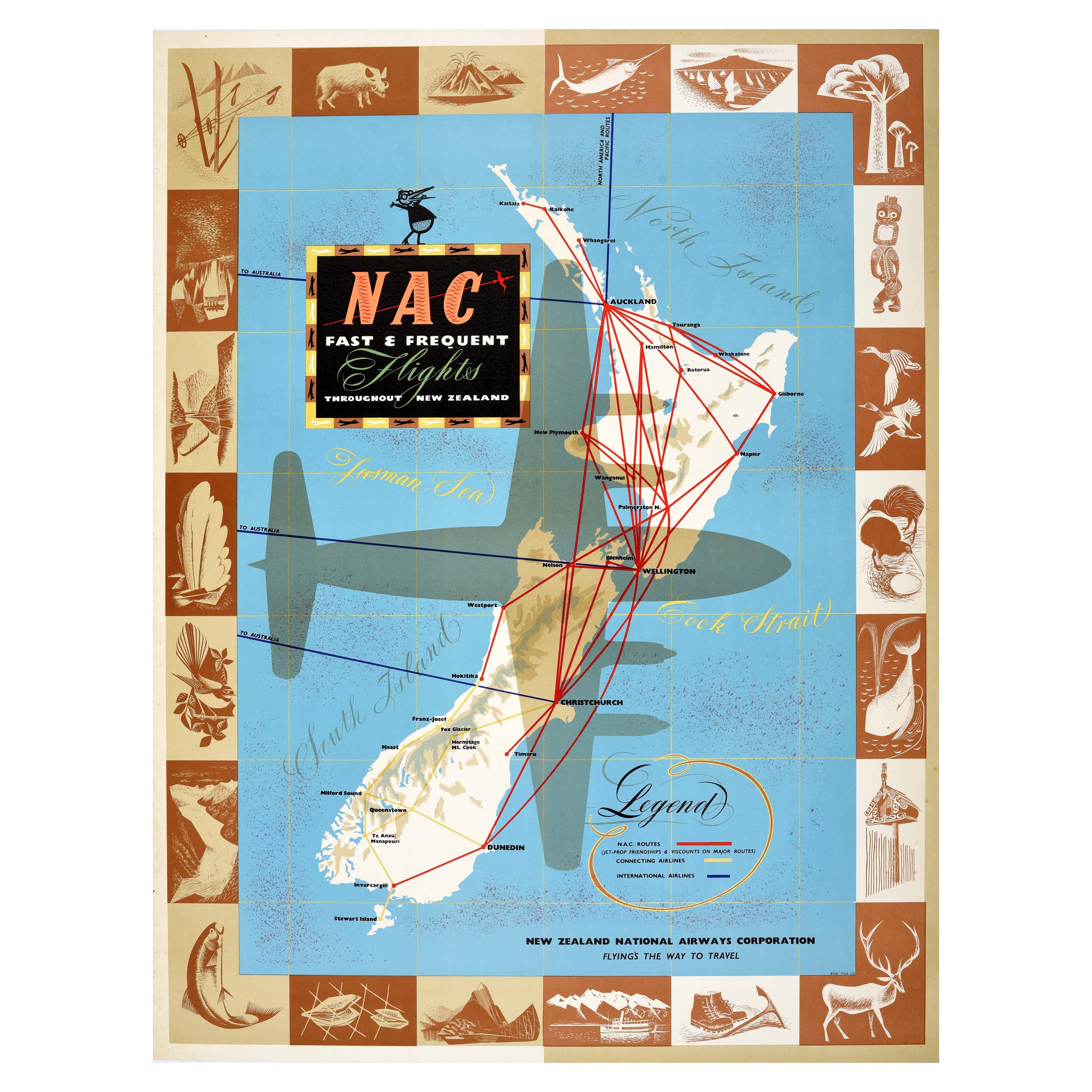 Affiche publicitaire originale de voyage NAC New Zealand Airways Airline Map en vente