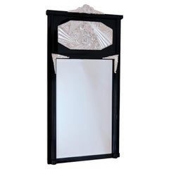 Antique 1930's Art Deco Wall Mirror in Black Lacquer with Silvered Art Deco Pattern