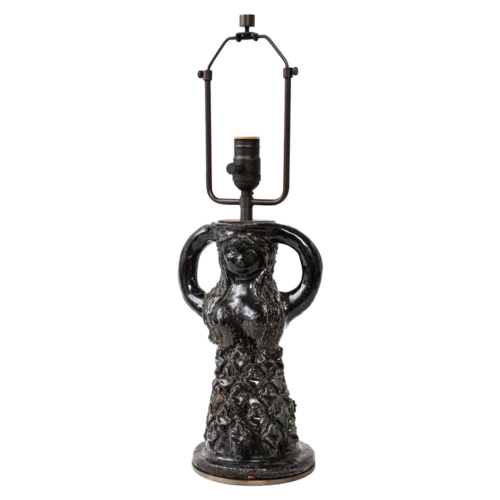 Black Ceramic Table Lamp in the Shape of a Woman by Paul Pouchol, IMO Jouve For Sale
