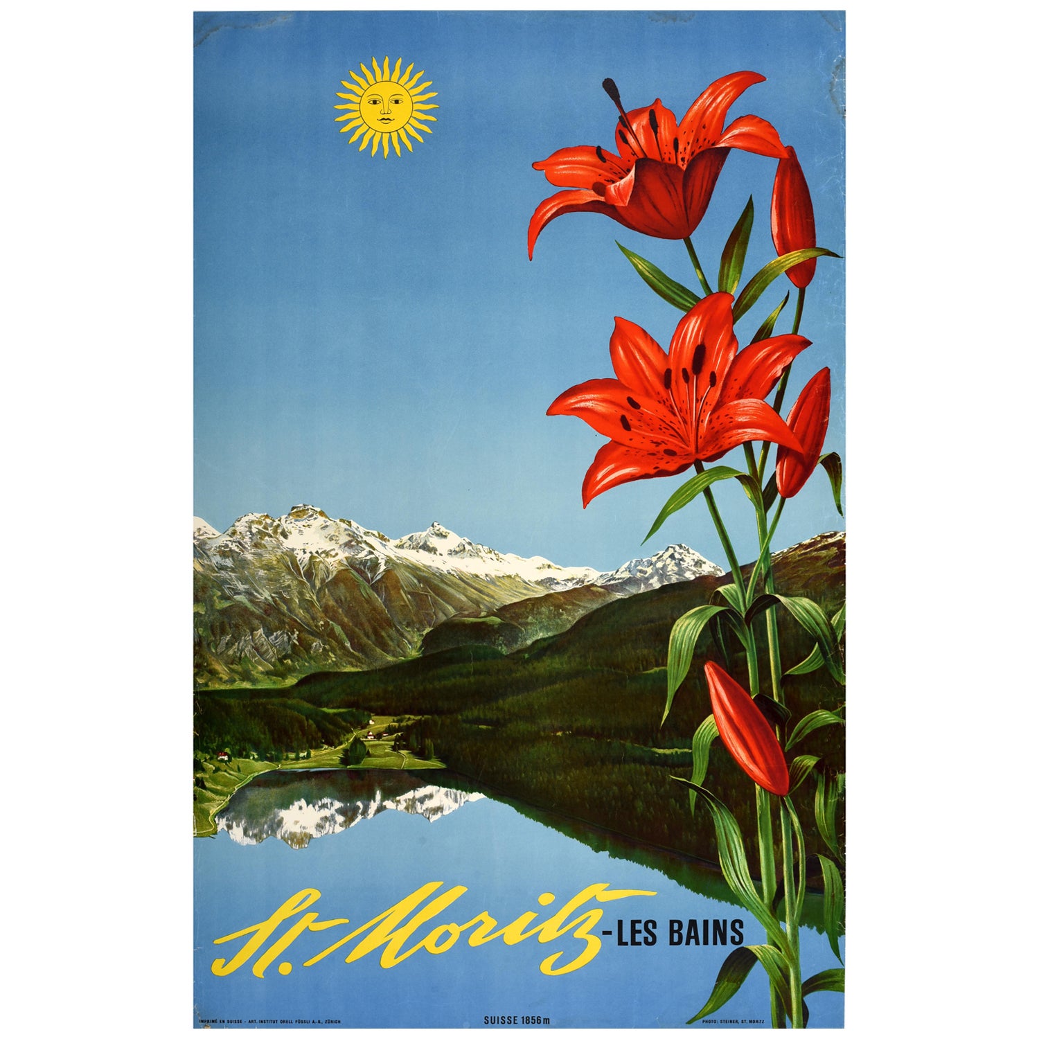 Affiche rétro originale de voyage St Moritz, Les Bains, Suisse Albert Steiner en vente