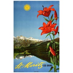 Affiche rétro originale de voyage St Moritz, Les Bains, Suisse Albert Steiner