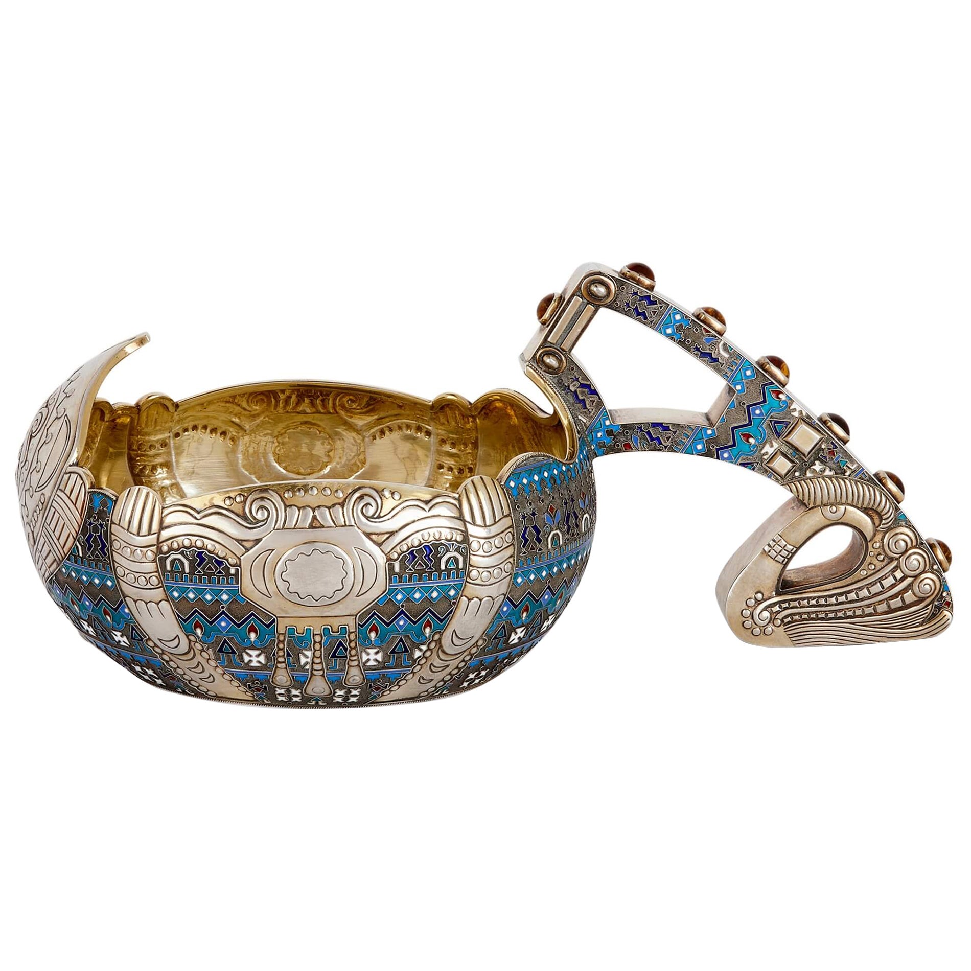 Large Russian Silver Kovsch with Cloisonné Enamel Decoration  For Sale