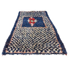 Vintage Geometrically Blue Multicolored Boucherouite Rug, Morocco, 20th Century