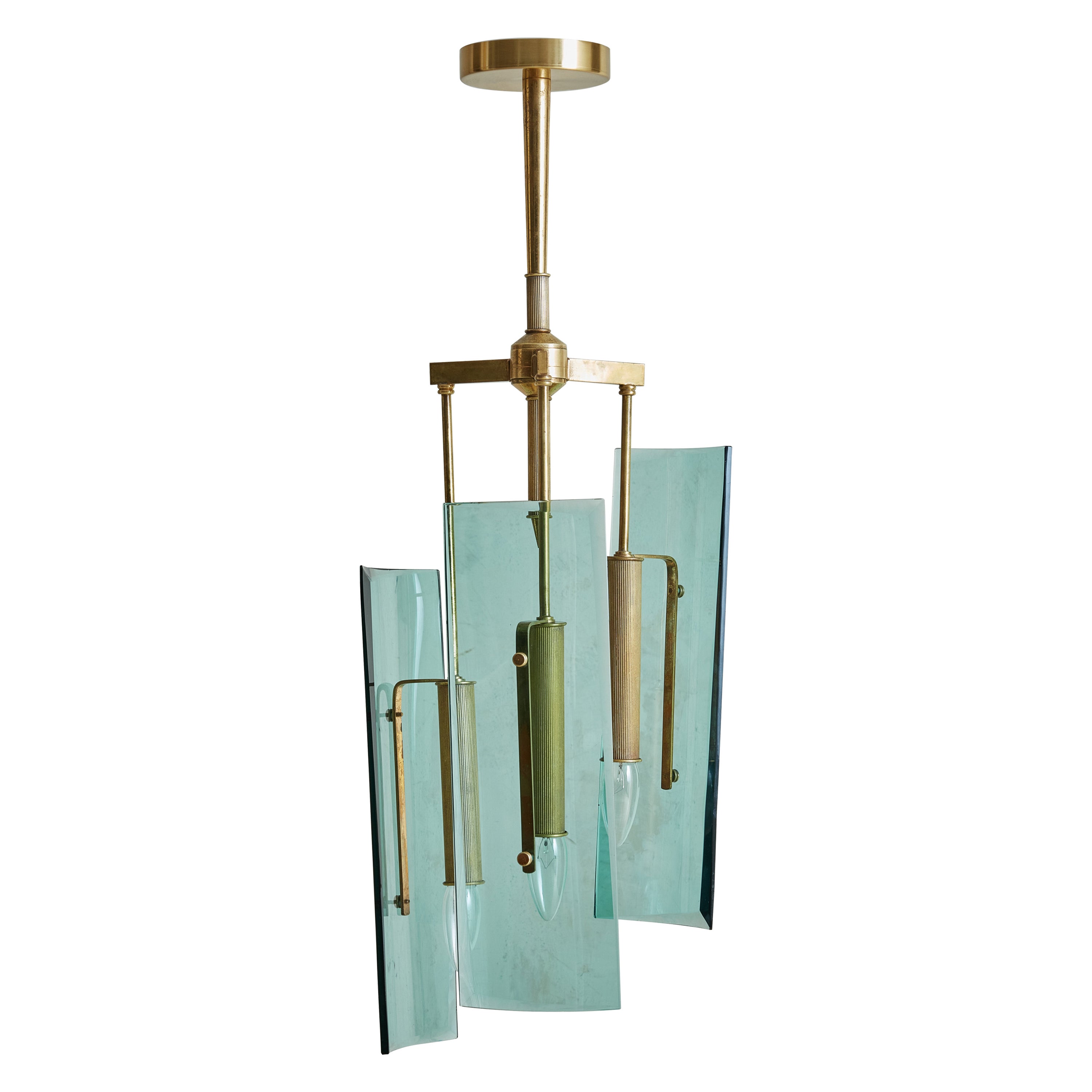  Max Ingrand For Fontana Arte Style Pendant in Brass and Light Blue Tinted Glass For Sale