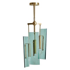 Vintage  Max Ingrand For Fontana Arte Style Pendant in Brass and Light Blue Tinted Glass