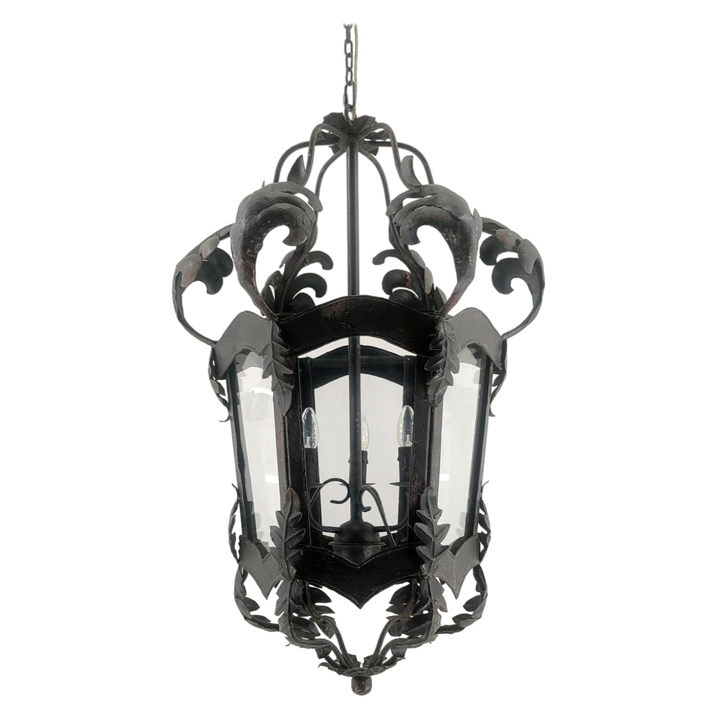 French Style Iron Lantern with Antiqued Black Finish For Sale