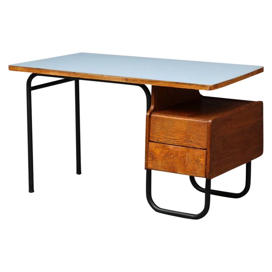 Schreibtisch aus Eiche, Stahl und Laminat von Robert Charroy, um 1955 im Angebot