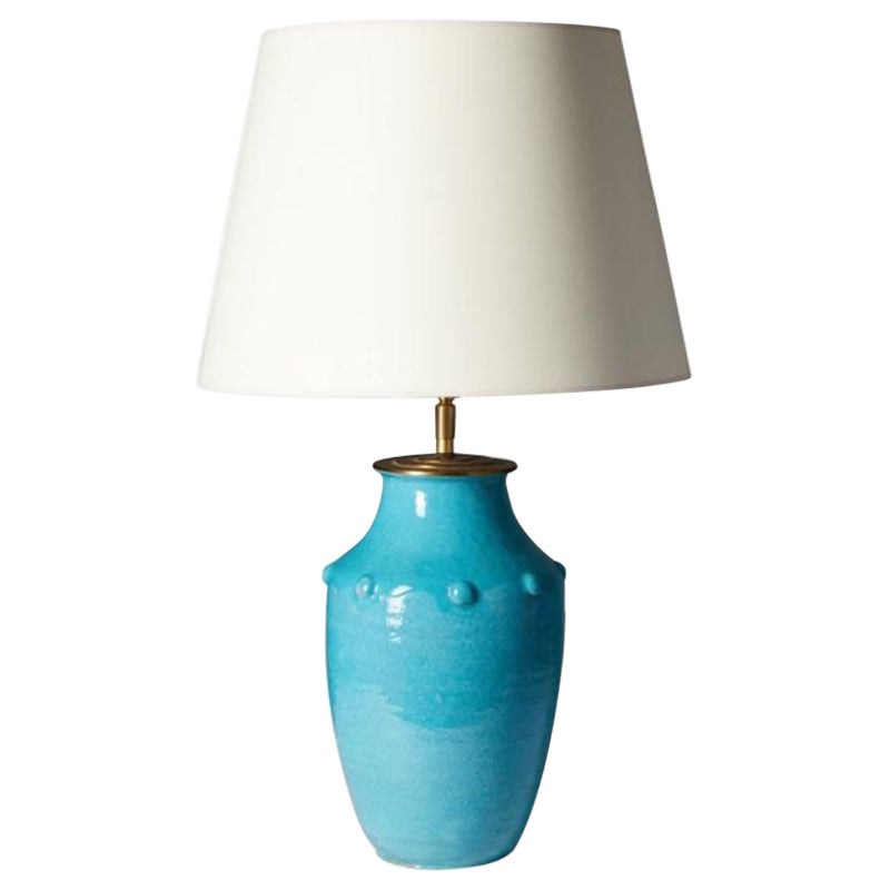 Turquiose Glazed Ceramic Table Lamp by Primavera le Printemps, circa 1930 For Sale