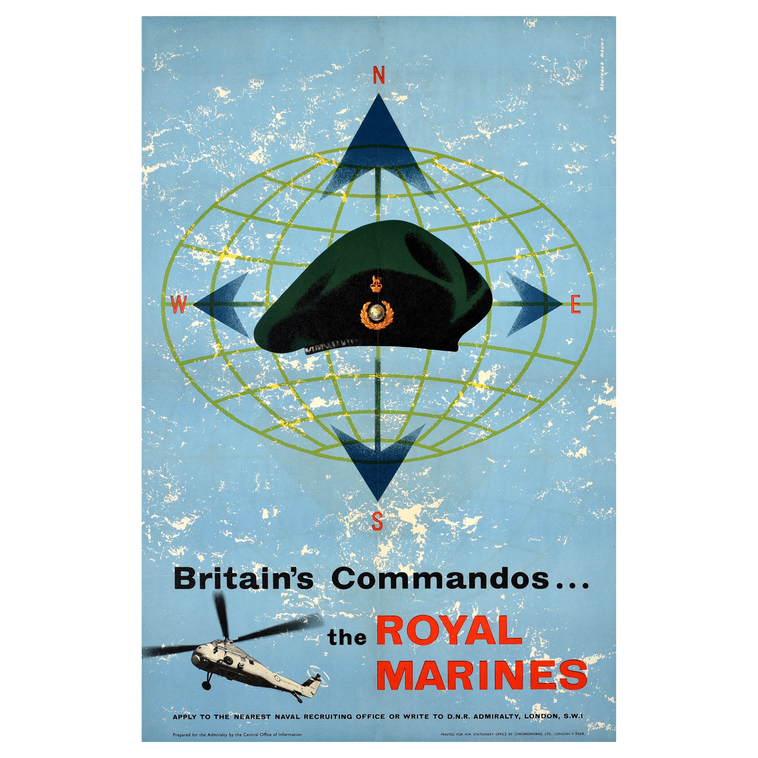 Affiche de recrutement militaire originale des commandos des Royal Marines britanniques  en vente