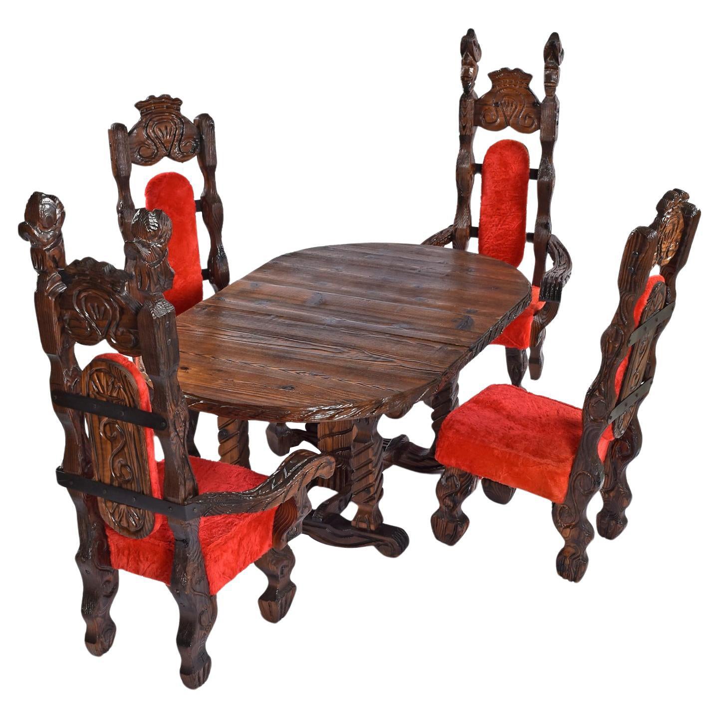 Vintage Witco Rustic Carved Wood Conquistador Dining Set with Red Fur Chairs For Sale