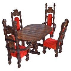 Retro Witco Rustic Carved Wood Conquistador Dining Set with Red Fur Chairs