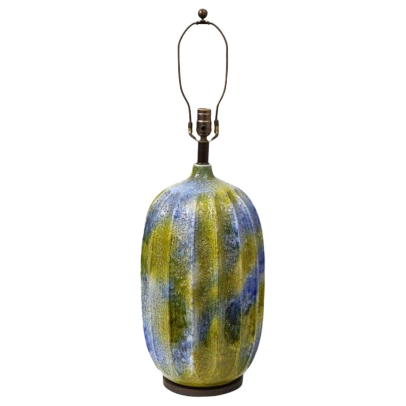 Lampe en céramique émaillée bleue et verte, France, vers 1950