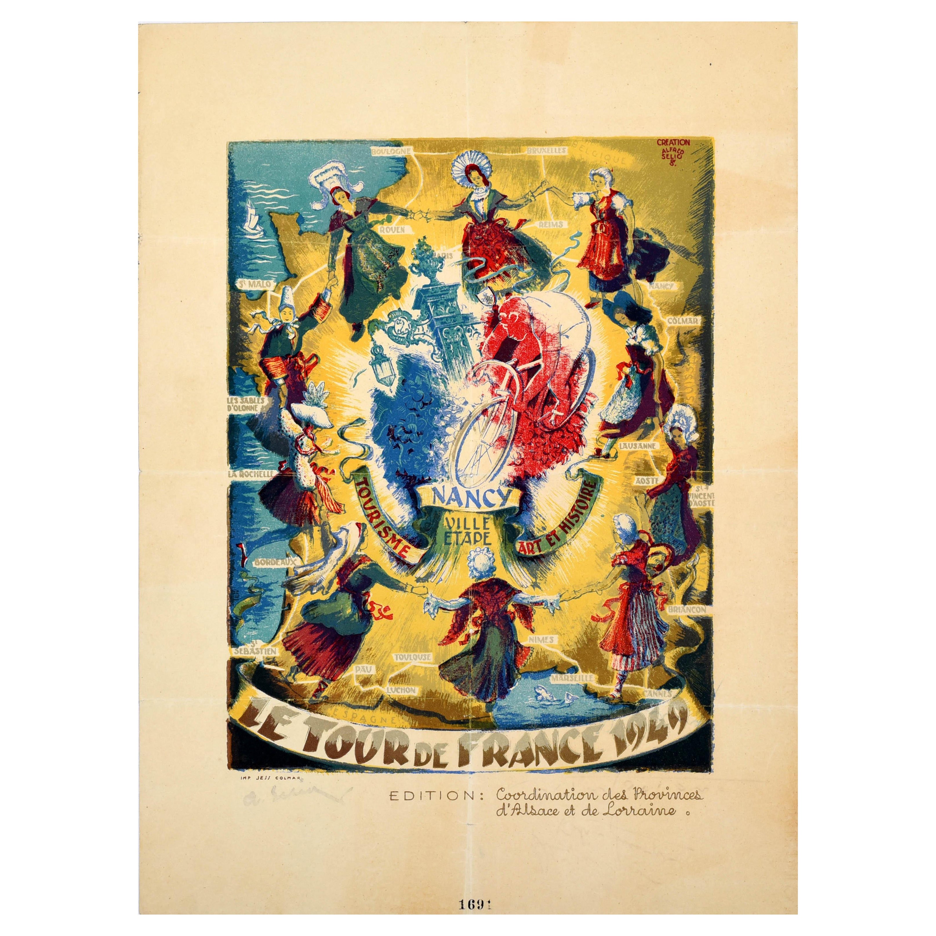 Affiche de sport originale Tour de France 1949 Cycling Nancy Ville Etape en vente