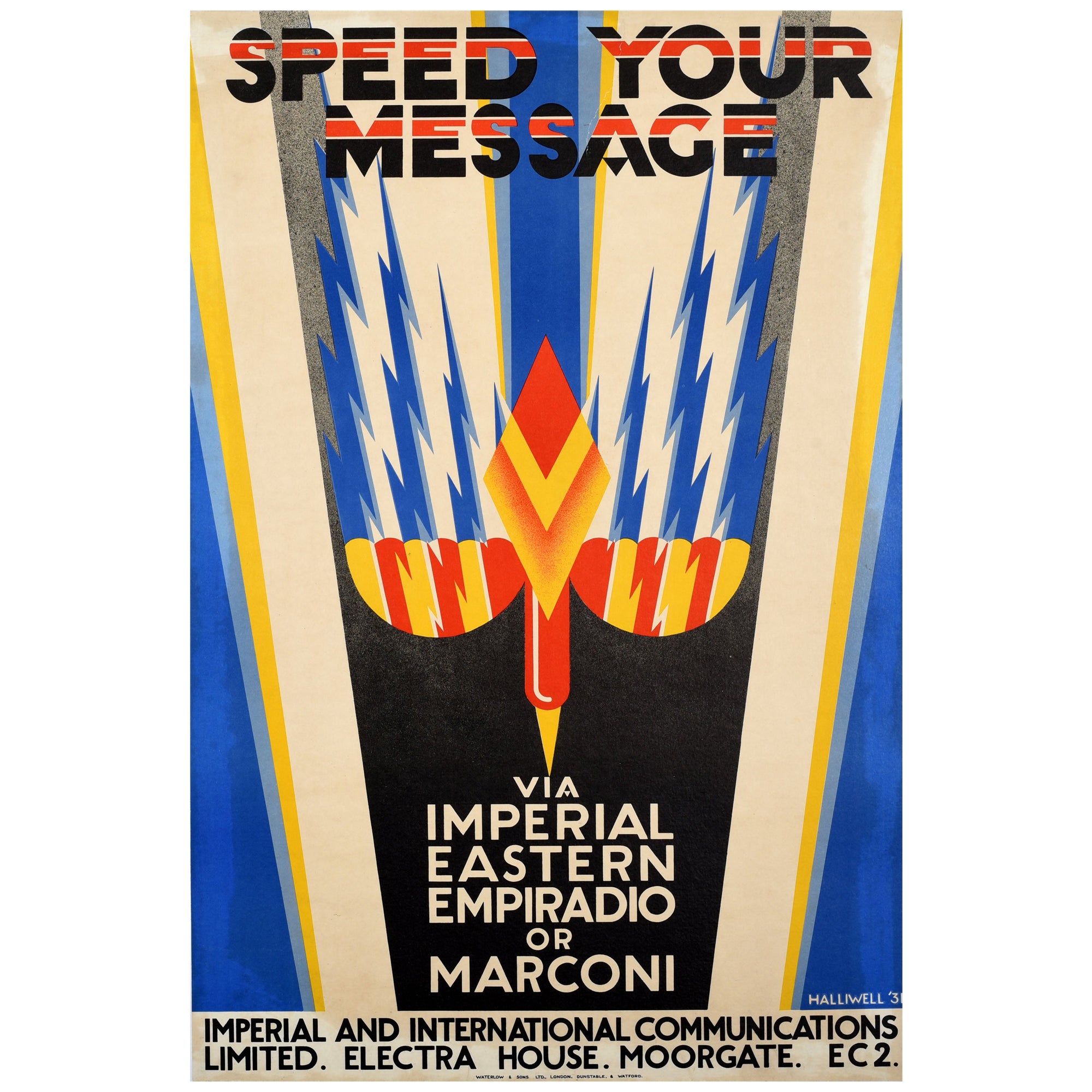 Original Vintage Advertising Poster Speed Your Message Imperial Radio Art Deco For Sale