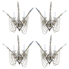 Set of Four Bronze and Bead Crystal Presidential Wall Sconce
