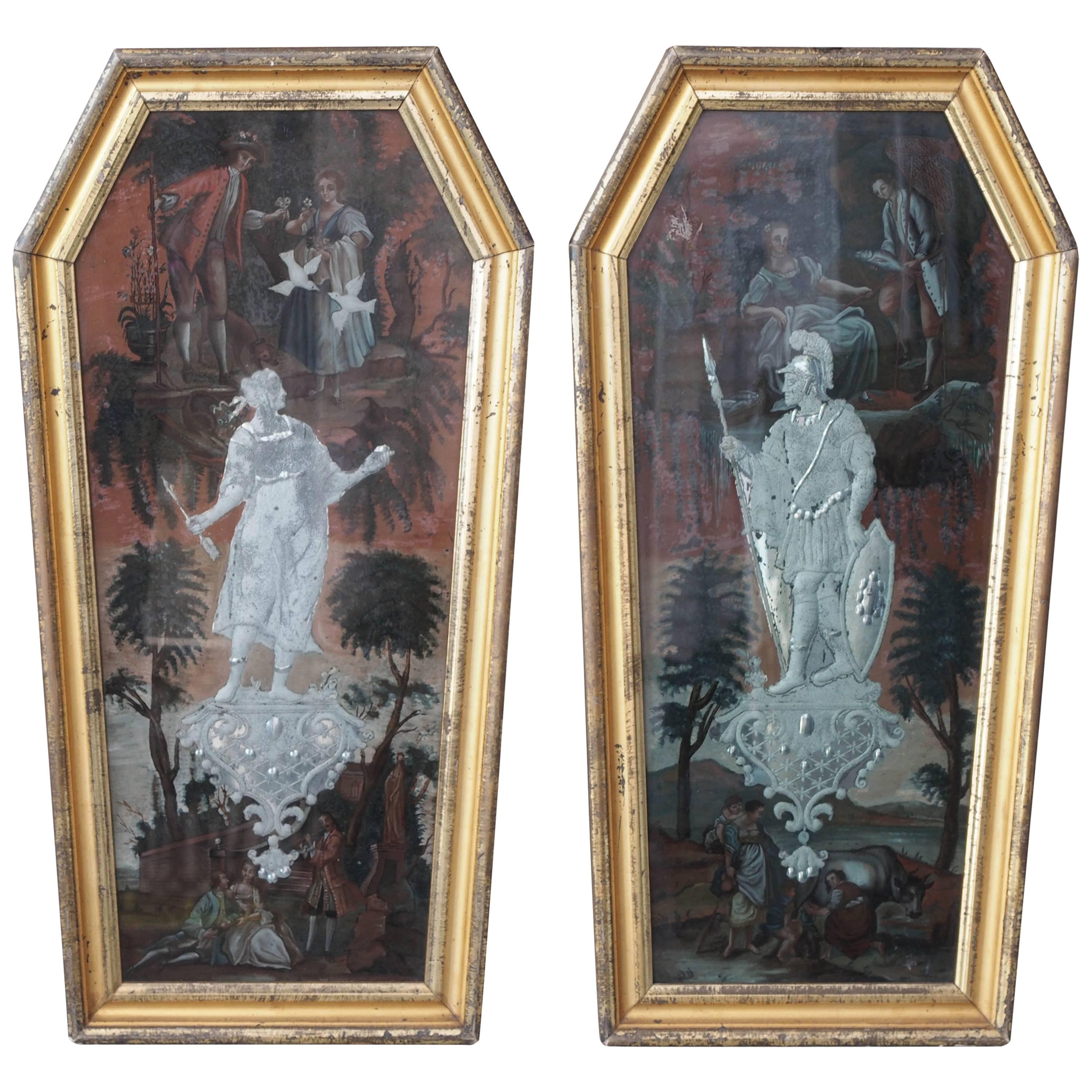 Pair of Coffin Shaped Cut and Églomisé Painted Glass Panels For Sale