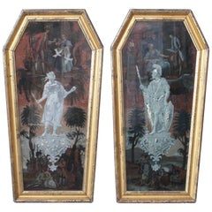 Antique Pair of Coffin Shaped Cut and Églomisé Painted Glass Panels