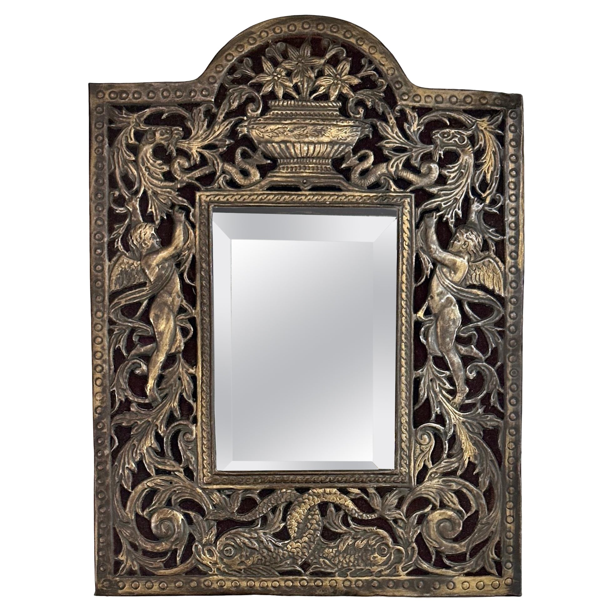 Miroir français ancien en bronze et bois