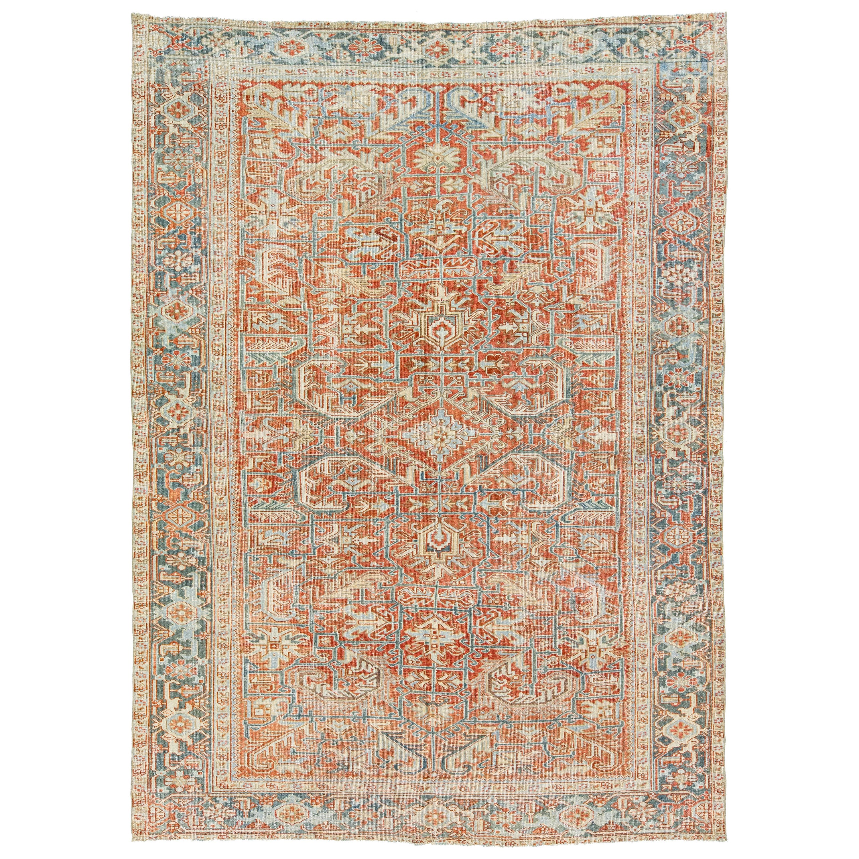 Persischer antiker Heriz-Wollteppich mit Allover-Design mit rostfarbenem Farbfeld