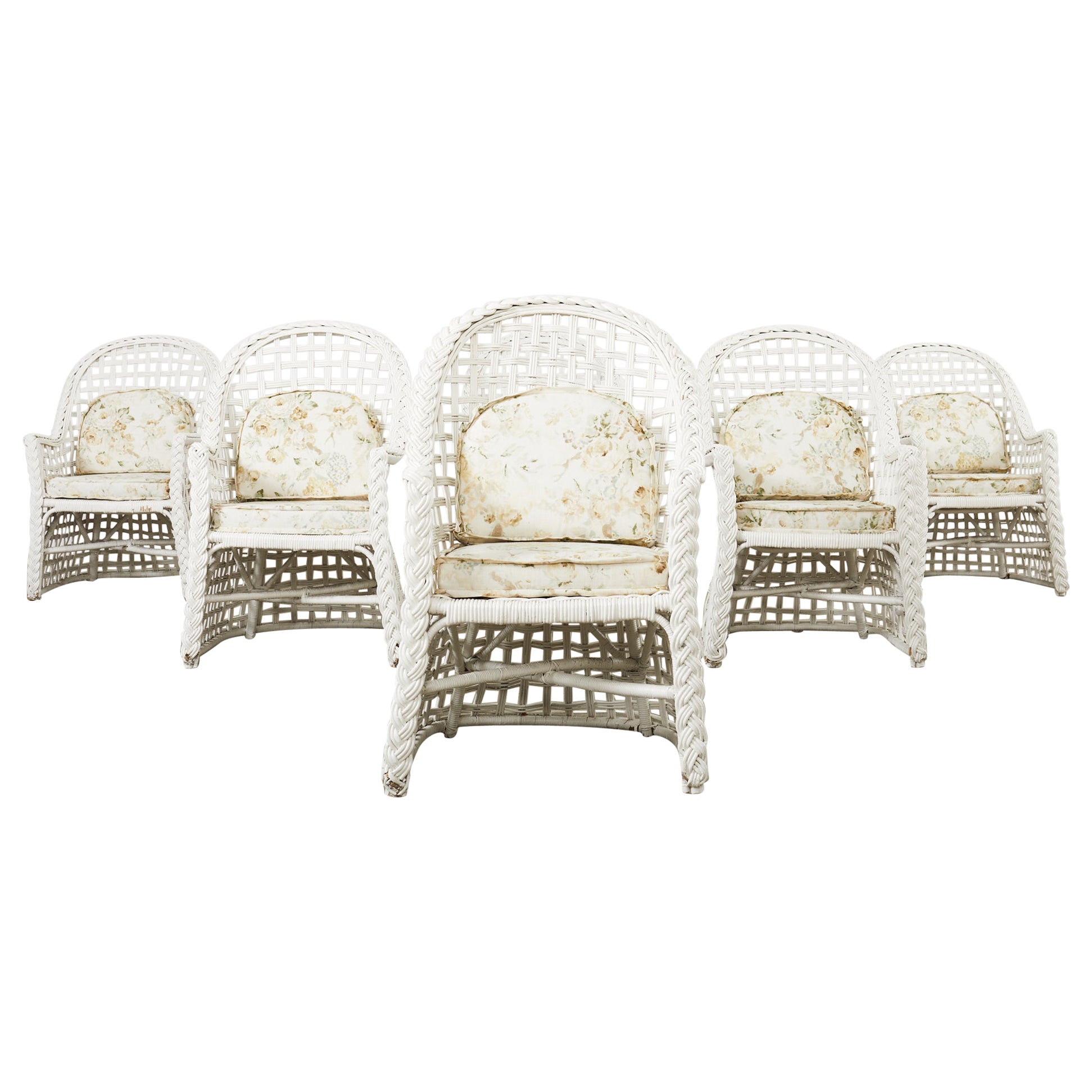 Set of Six Painted Wicker Rattan Garden Dining Armchairs  For Sale