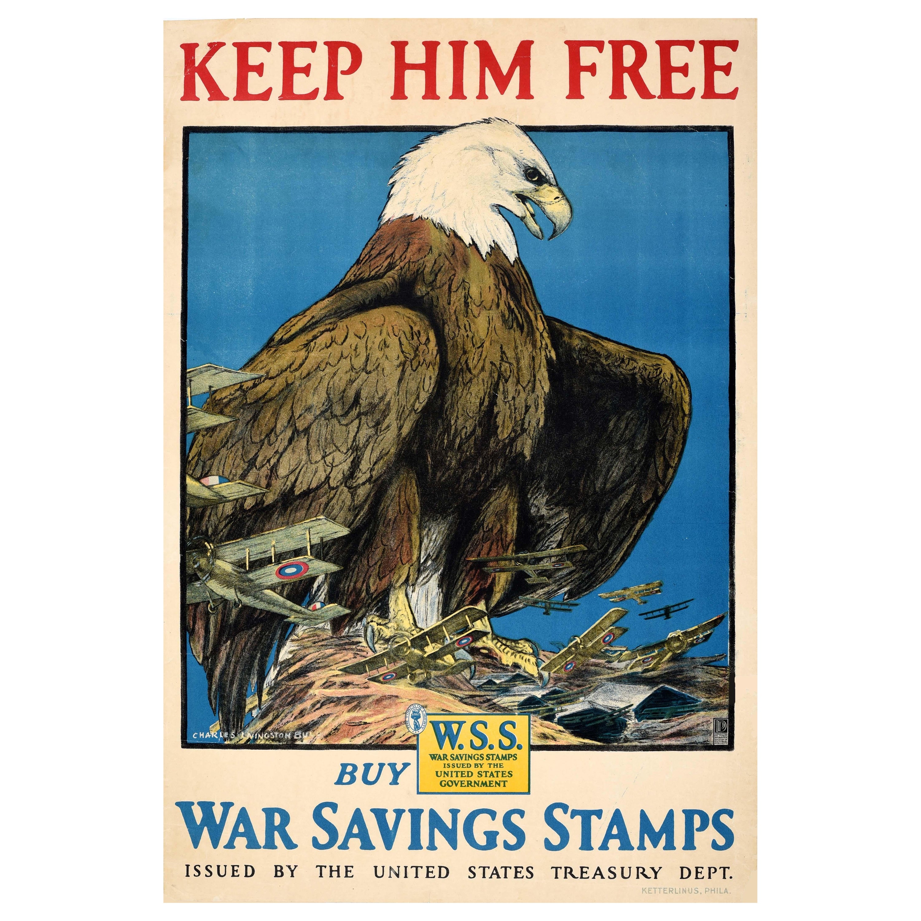 Original Antikes Kriegsplakat „ Keep Him Free“, WWI, USA Air Force, Kriegssparschweine, Briefmarken, Original