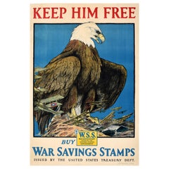 Original Antique War Poster Keep Him Free WWI USA Air Force War Savings Stamps