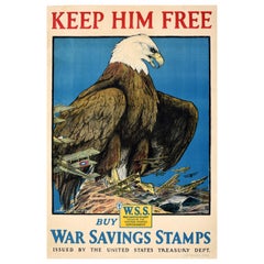 Original Used War Poster Keep Him Free WWI USA Air Force War Savings Stamps