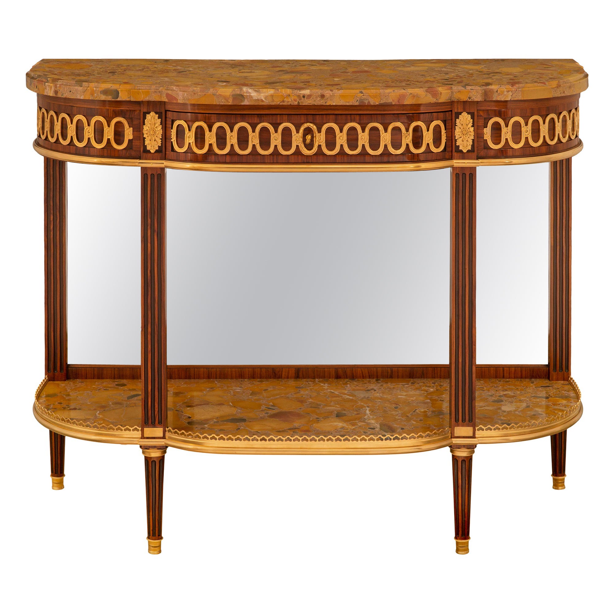 Consola francesa de caoba, madera de tulipán, espejo y mármol del siglo XIX, estilo Luis XVI en venta