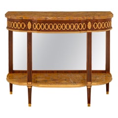 Antique French 19th Century Louis XVI St. Mahogany, Tulipwood, Mirror And Marble Console
