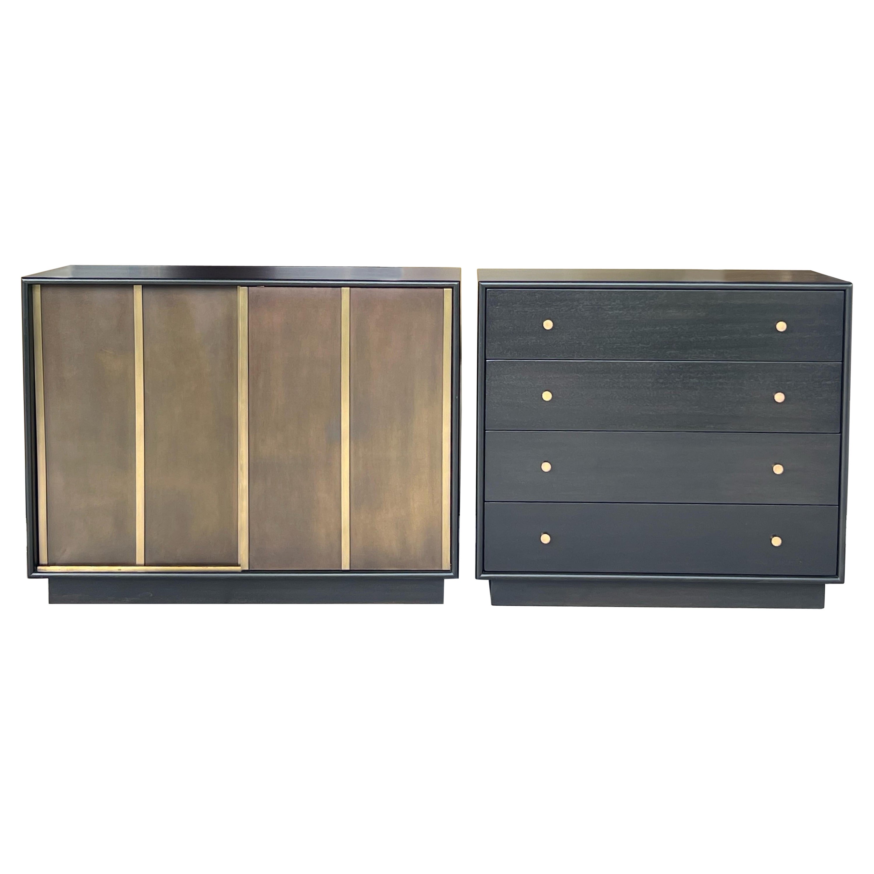 Harvey Probber Pair of Ebonized and Etched Brass Doors Cabinets Credenza For Sale