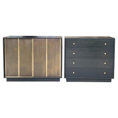 Harvey Probber Pair of Ebonized and Etched Brass Doors Cabinets Credenza