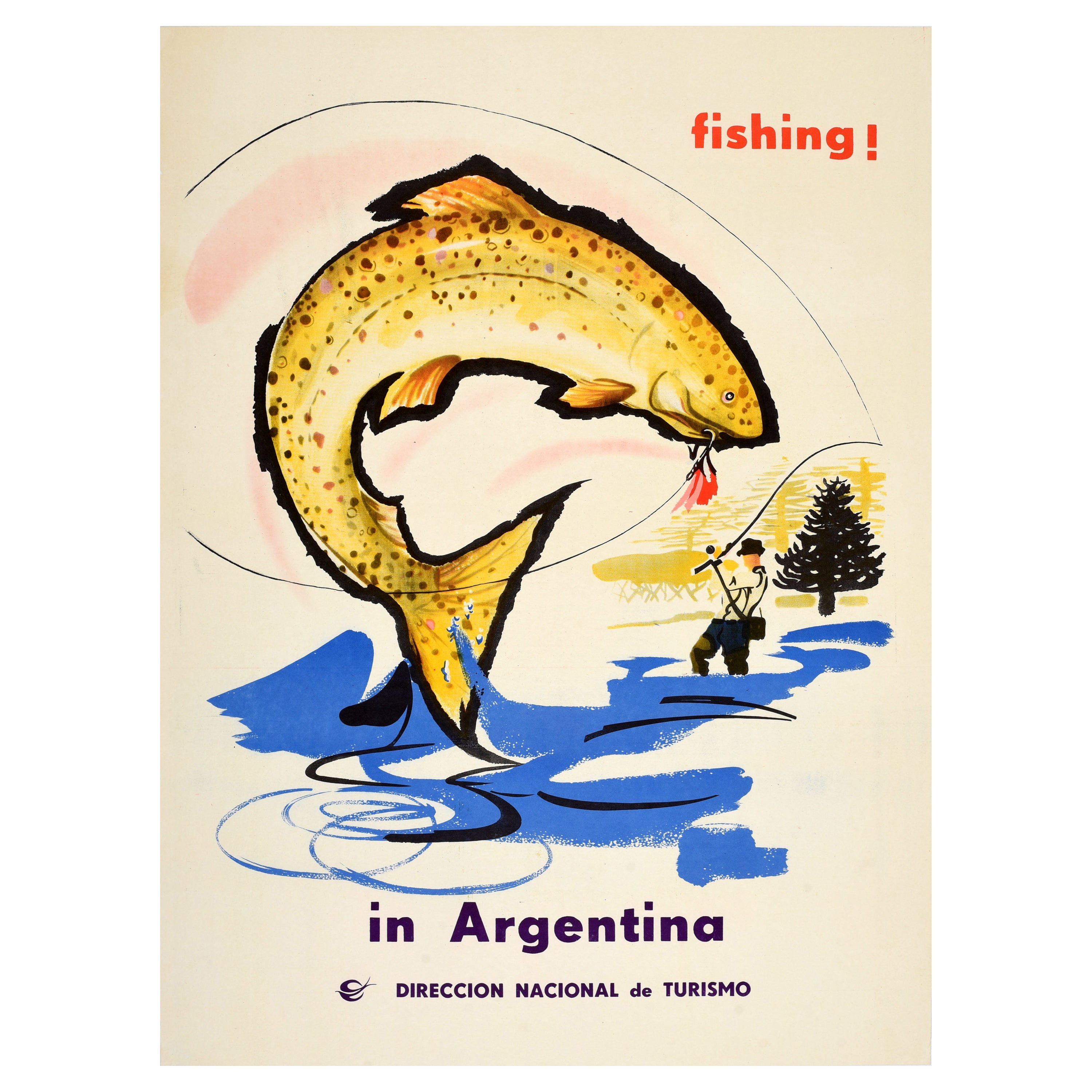 Original Vintage Travel Poster Fliegenfischen Argentinien Tourismus Forellenfischer im Angebot