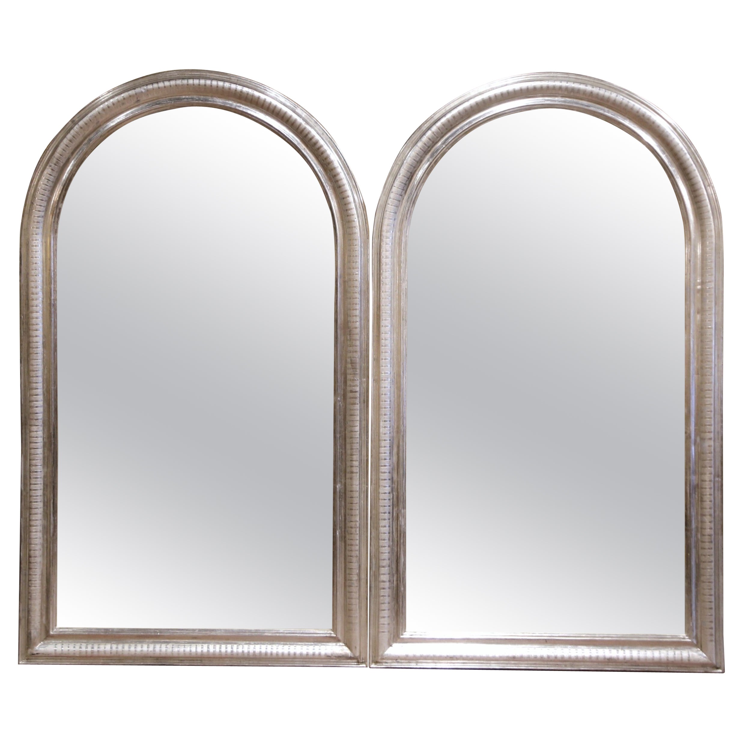  Pair of Vintage French Louis Philippe Silver Leaf Mirrors with Engraved Motifs For Sale