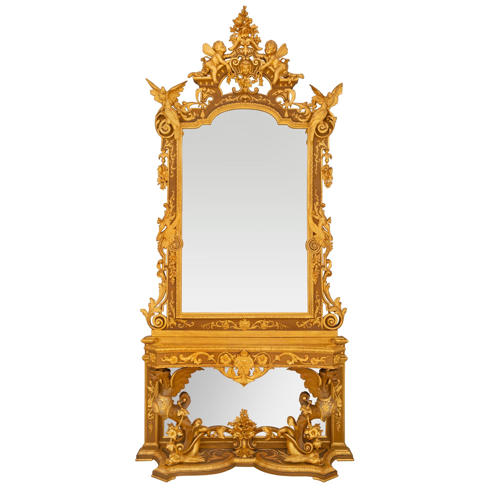 Italian 19th Century Renaissance St. Giltwood And Silver Leaf Console And Mirror For Sale