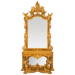Italian 19th Century Renaissance St. Giltwood And Silver Leaf Console And Mirror