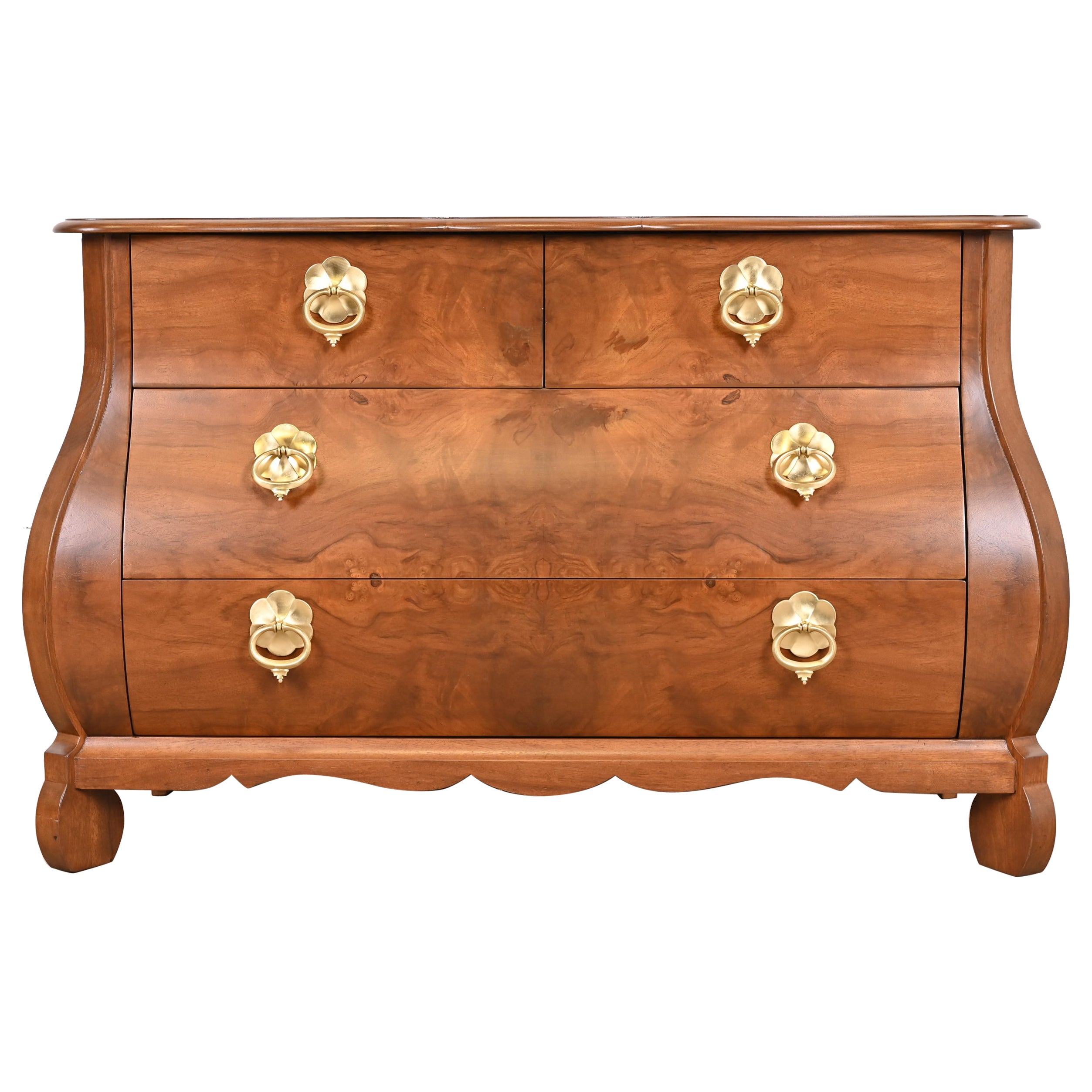  Baker Furniture Dutch Louis XV Burled Walnut Bombay Chest, Newly Refinished For Sale