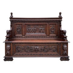 Antique French Carved Hall Bench Settle Renaissance Knights Brittany Pew Chest