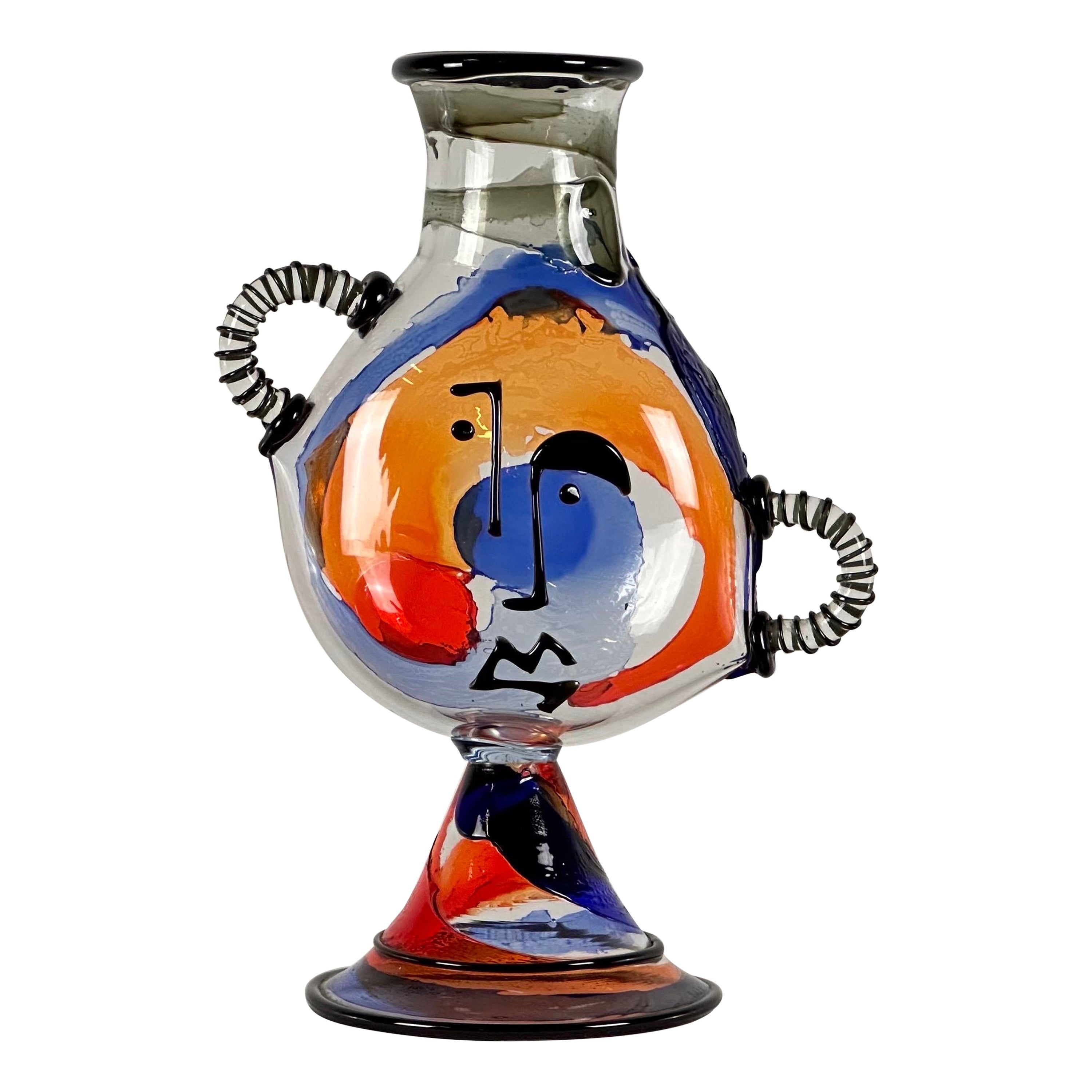 Signed Mario Badioli Picasso's Face Big Vase in Murano Glass, 1990s