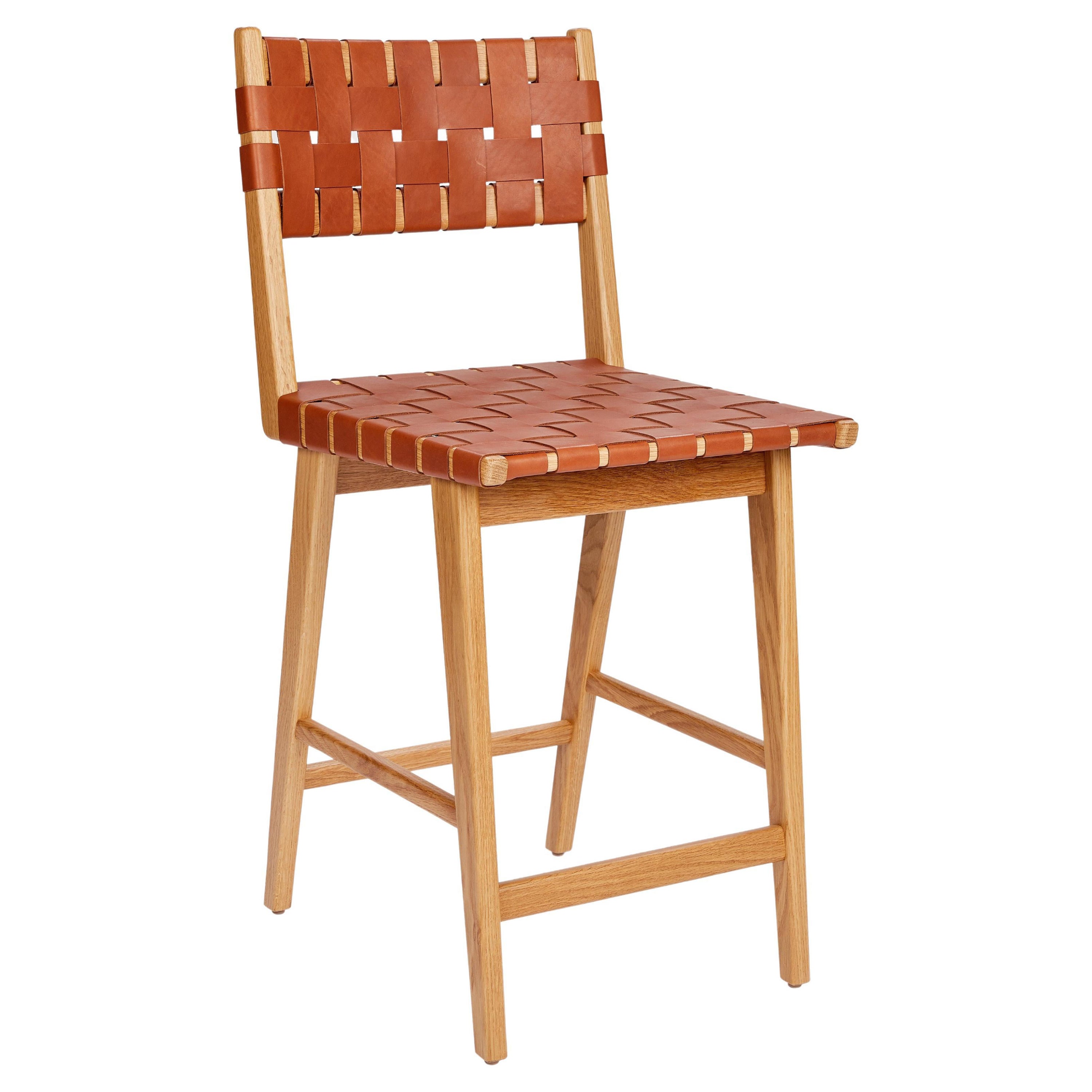 Woven Leather Backed Counter Stool in Oak and Caramel Leather by Mel Smilow For Sale