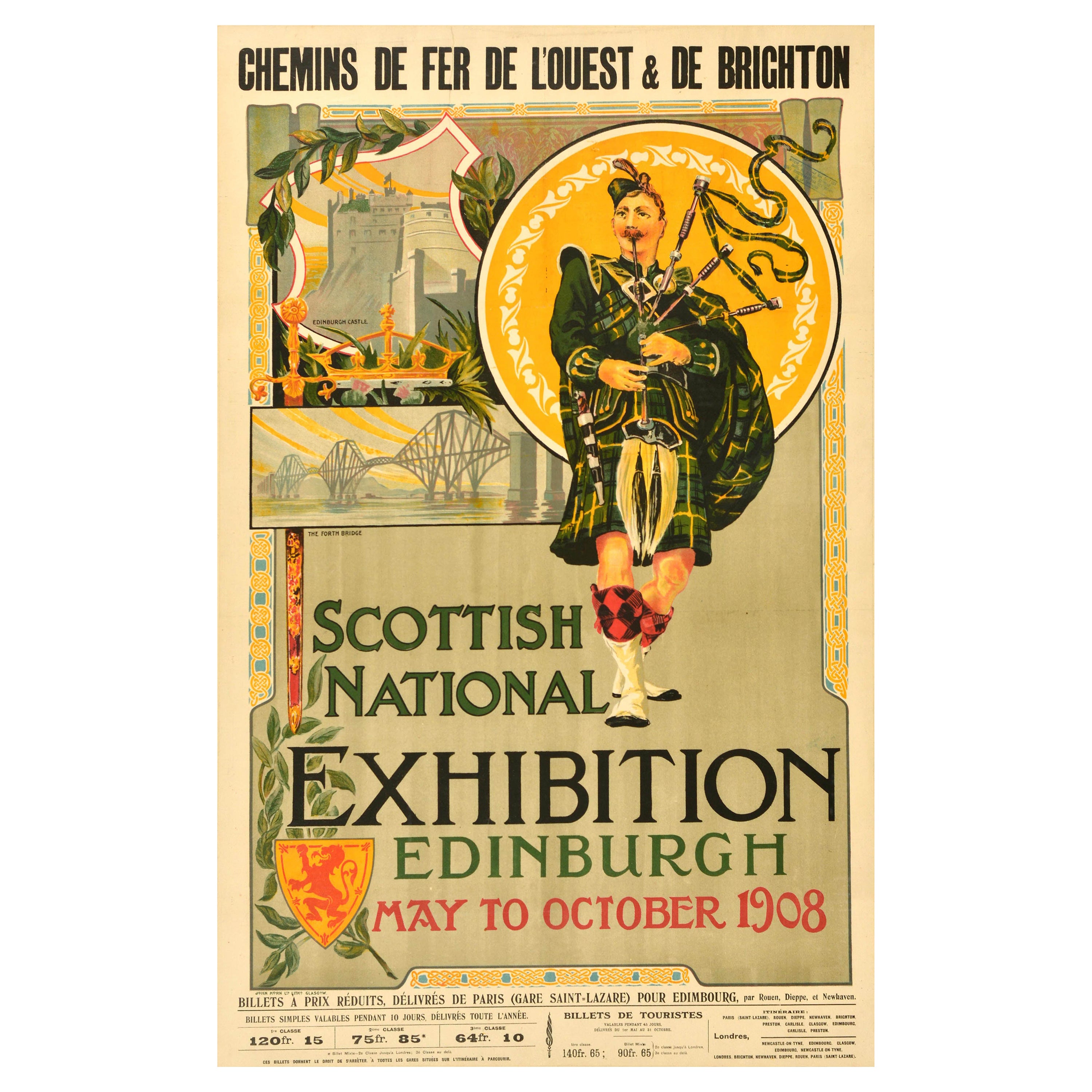 Original Antique Train Travel Poster Scottish National Exhibition Edinburgh For Sale