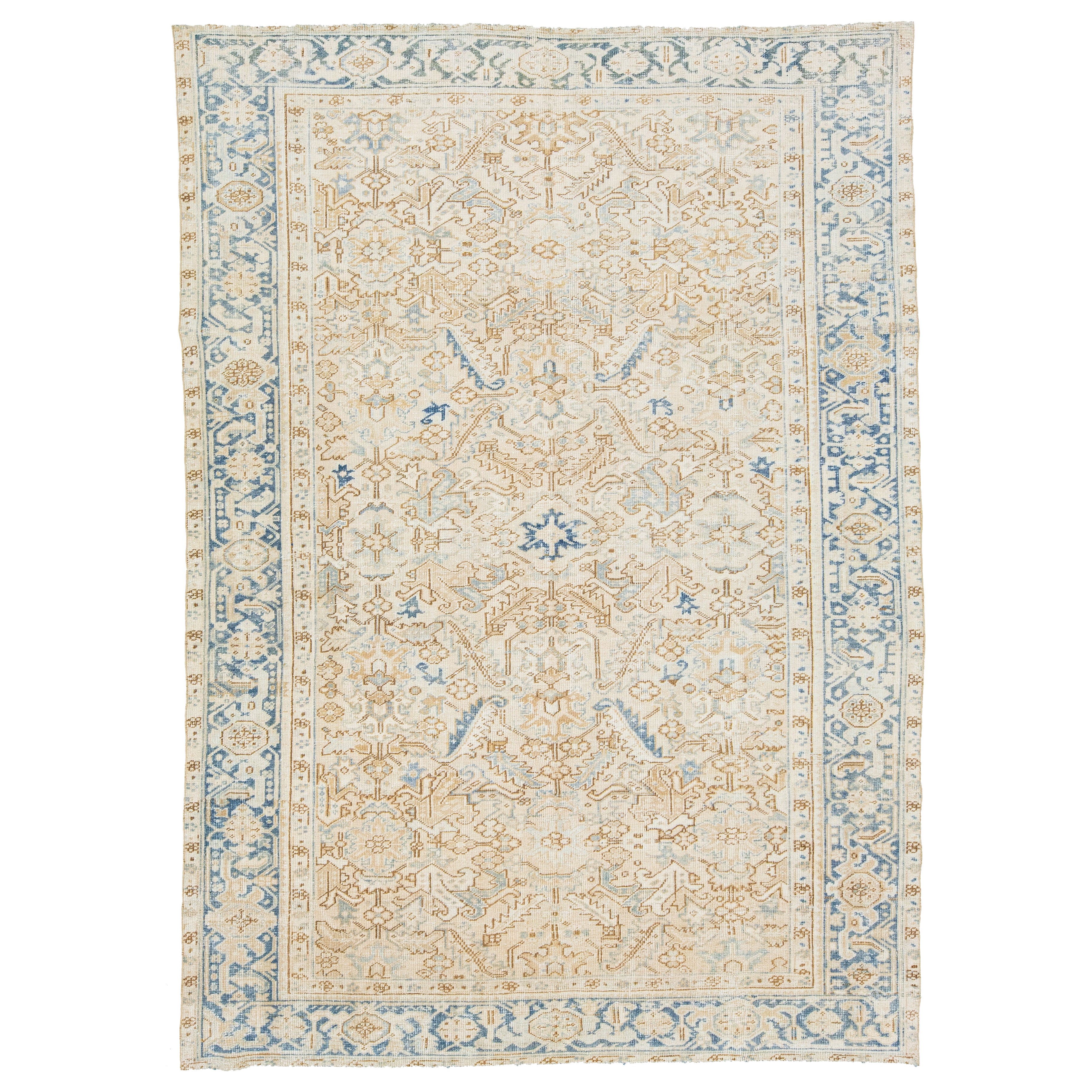 Allover Floral Antique Persian Heriz Wool Rug In Beige and Blue For Sale