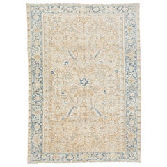 Allover Floral Antique Persian Heriz Wool Rug In Beige and Blue