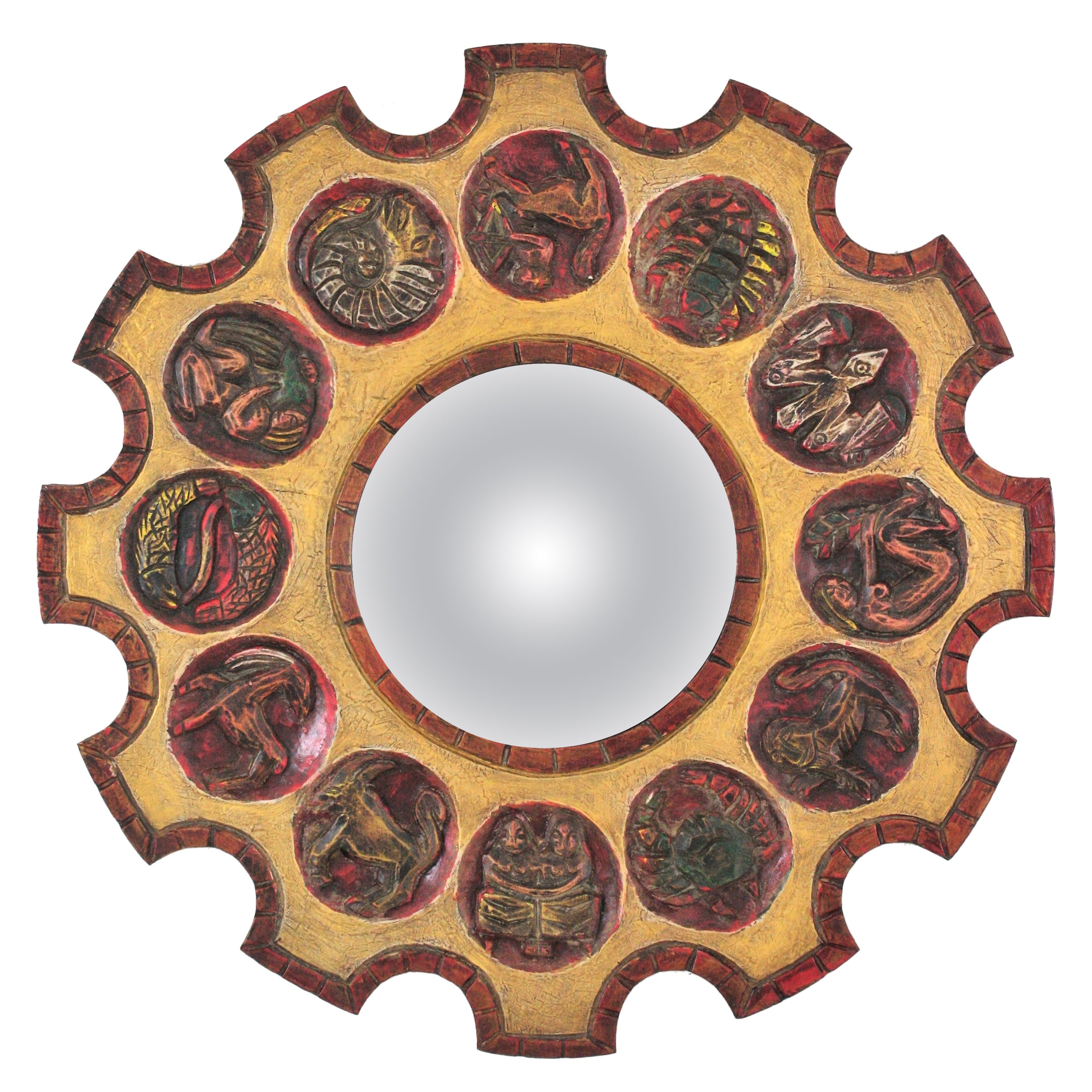 Spanish Zodiac Sunburst Mirror with Red Giltwood Carved Frame, 1950s For Sale